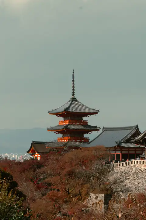 A five-storey pagoda rising above winter trees and tiled rooftops
